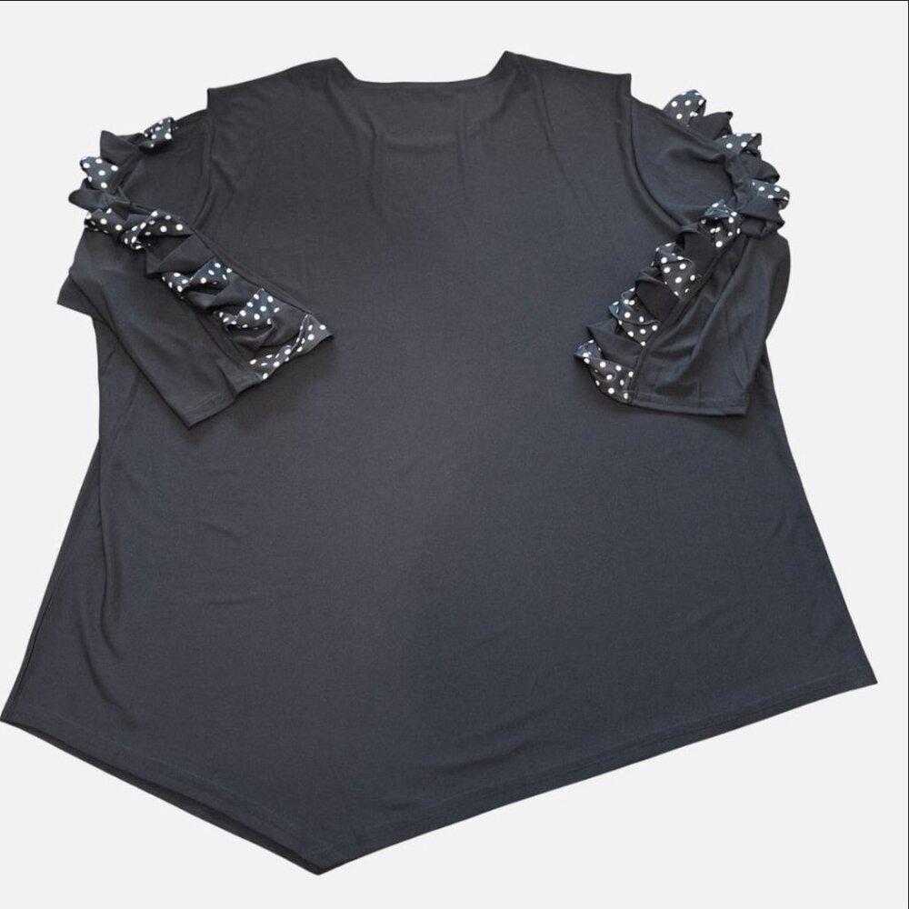 Women's plus size 2X black tunic, cold shoulder, polka-dot sleeve.